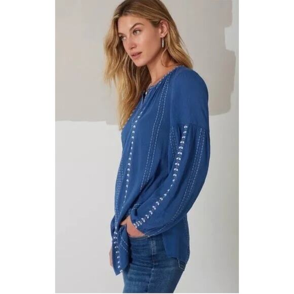 J. Jill Blue Embroidered Peasant Blouse Long Sleeve Medium EUC - Picture 2 of 13